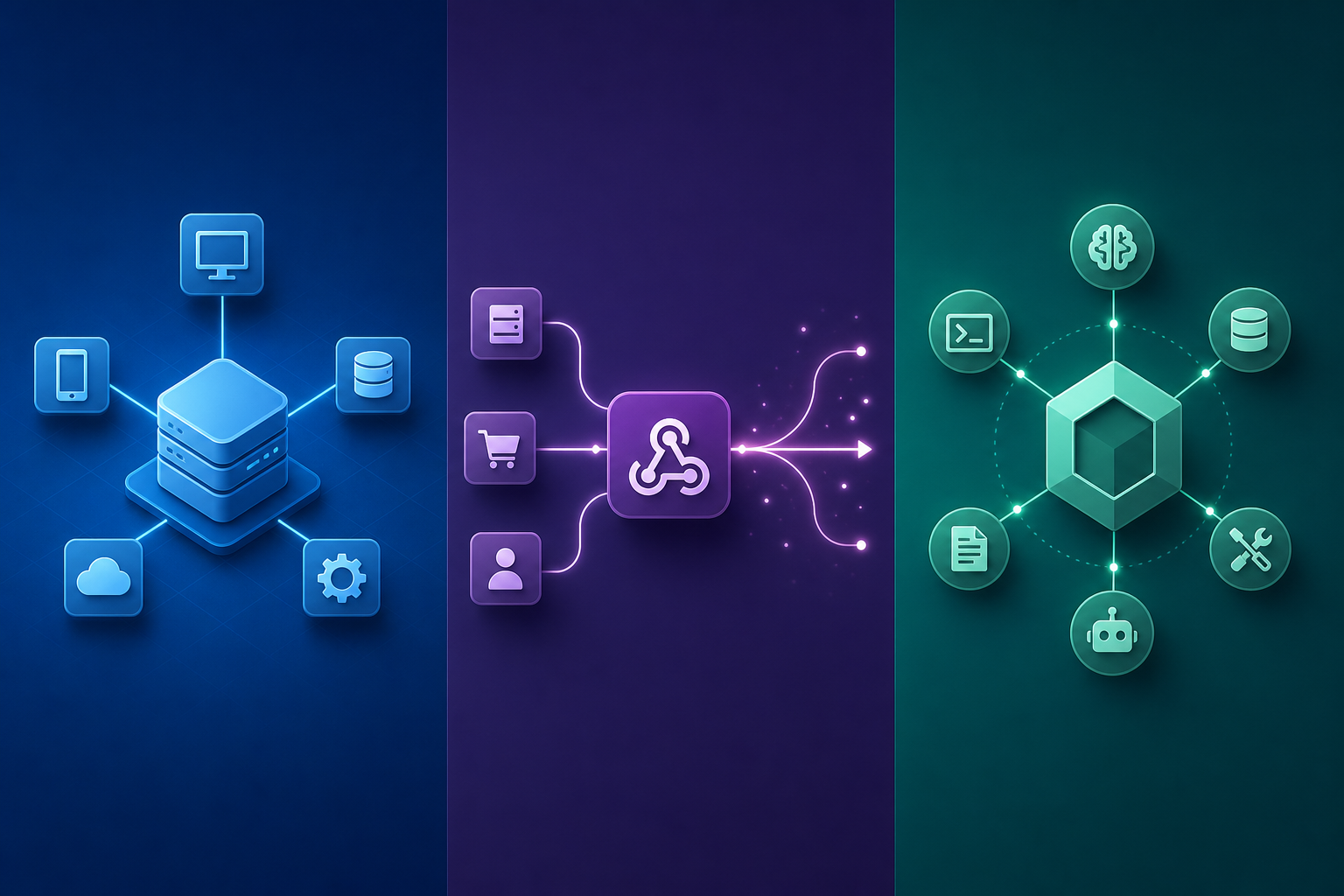 Side-by-side visual comparing API, Webhook, and MCP as three columns.