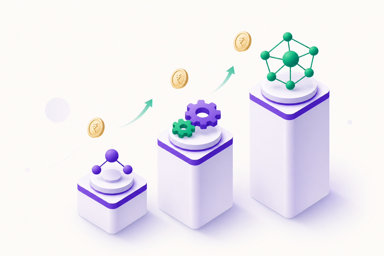 Isometric illustration of three fractional CTO engagement tiers as ascending platforms with rupee coins and upward arrows