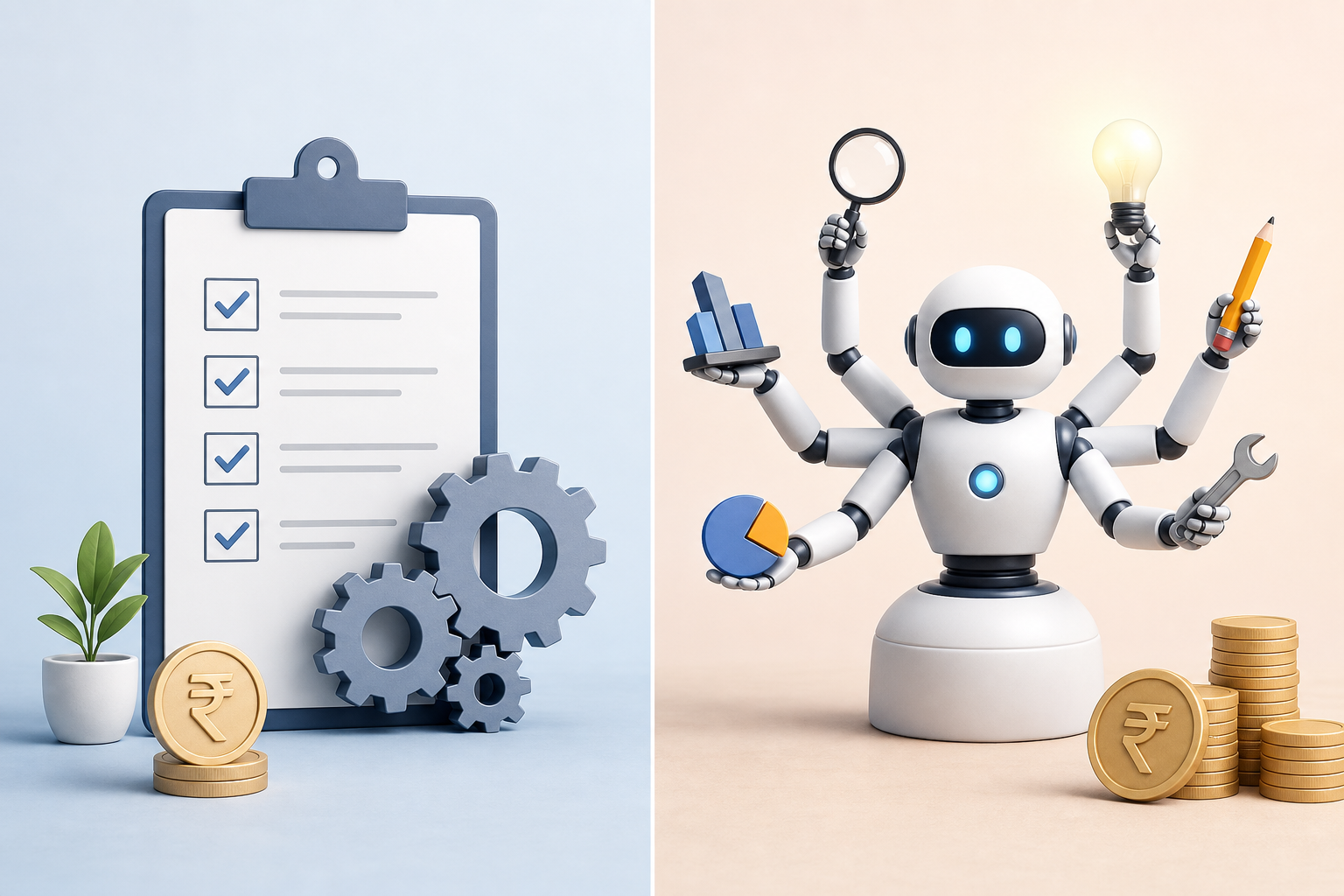 Side-by-side visual comparing a deterministic workflow to a tool-using AI agent.