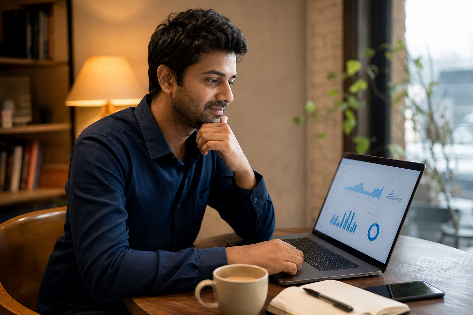 Indian founder reviewing a simple metrics dashboard on a laptop.