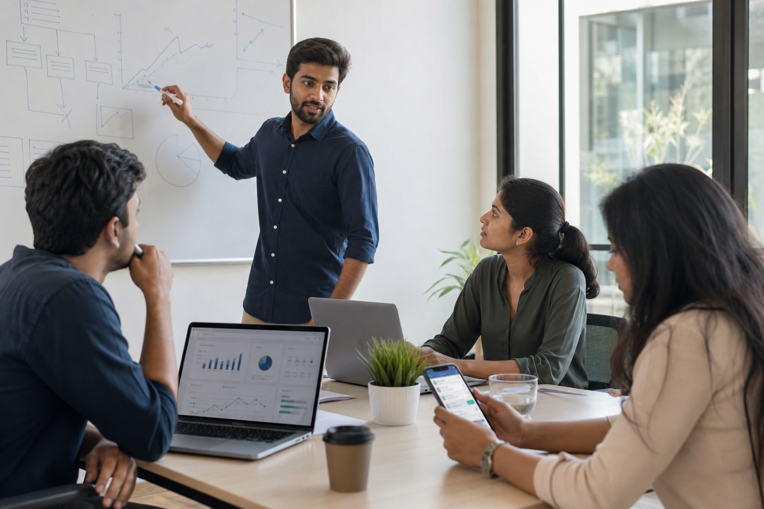 Indian startup founders reviewing dashboards and messaging workflows in a meeting room.