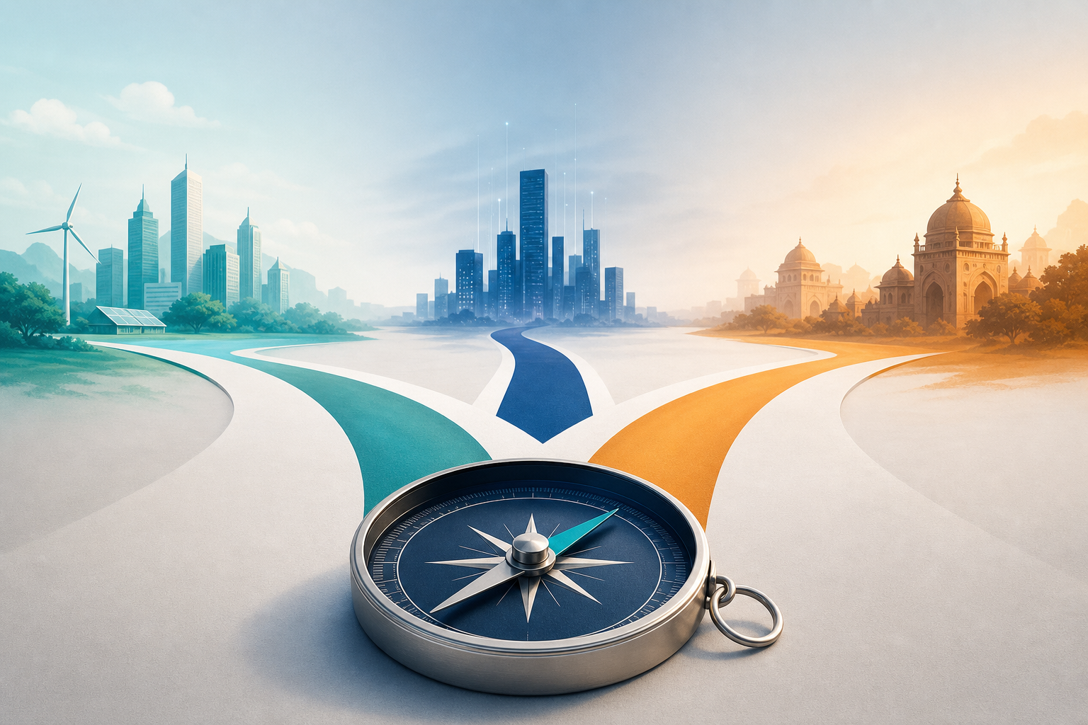Concept illustration showing three paths labeled in concept as Fractional CTO, Agency, and Full‑Time with a compass at a crossroads.