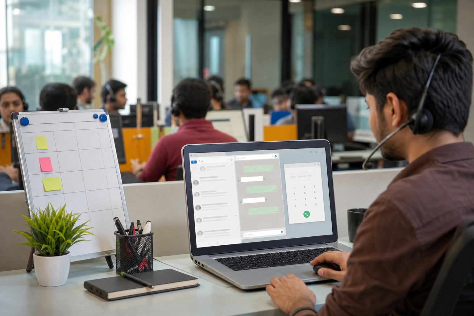 Photo of an Indian startup sales desk with WhatsApp Web and a softphone dialer open during a live shift.