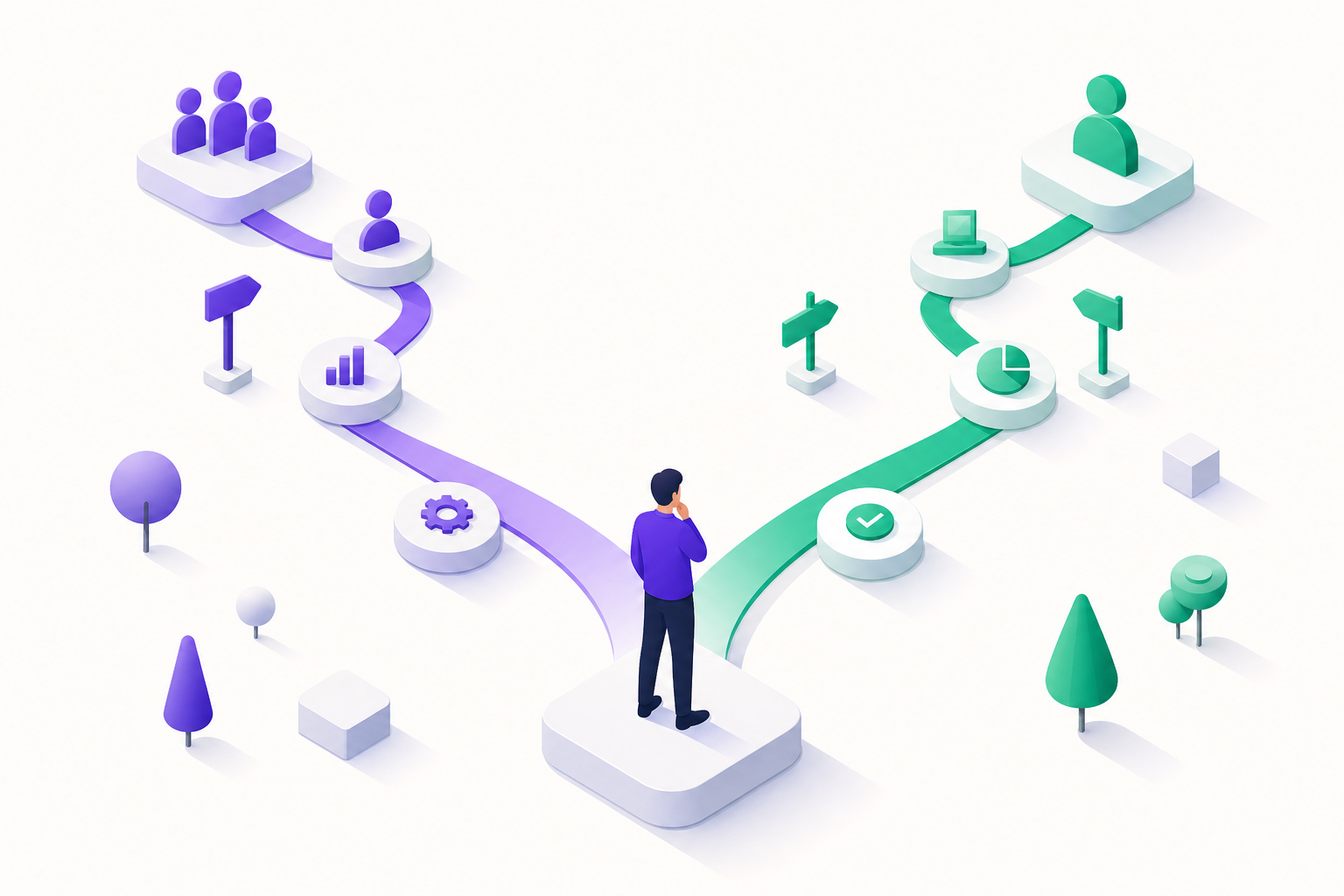 Isometric decision-framework illustration with a founder figure at a fork choosing between engagement paths