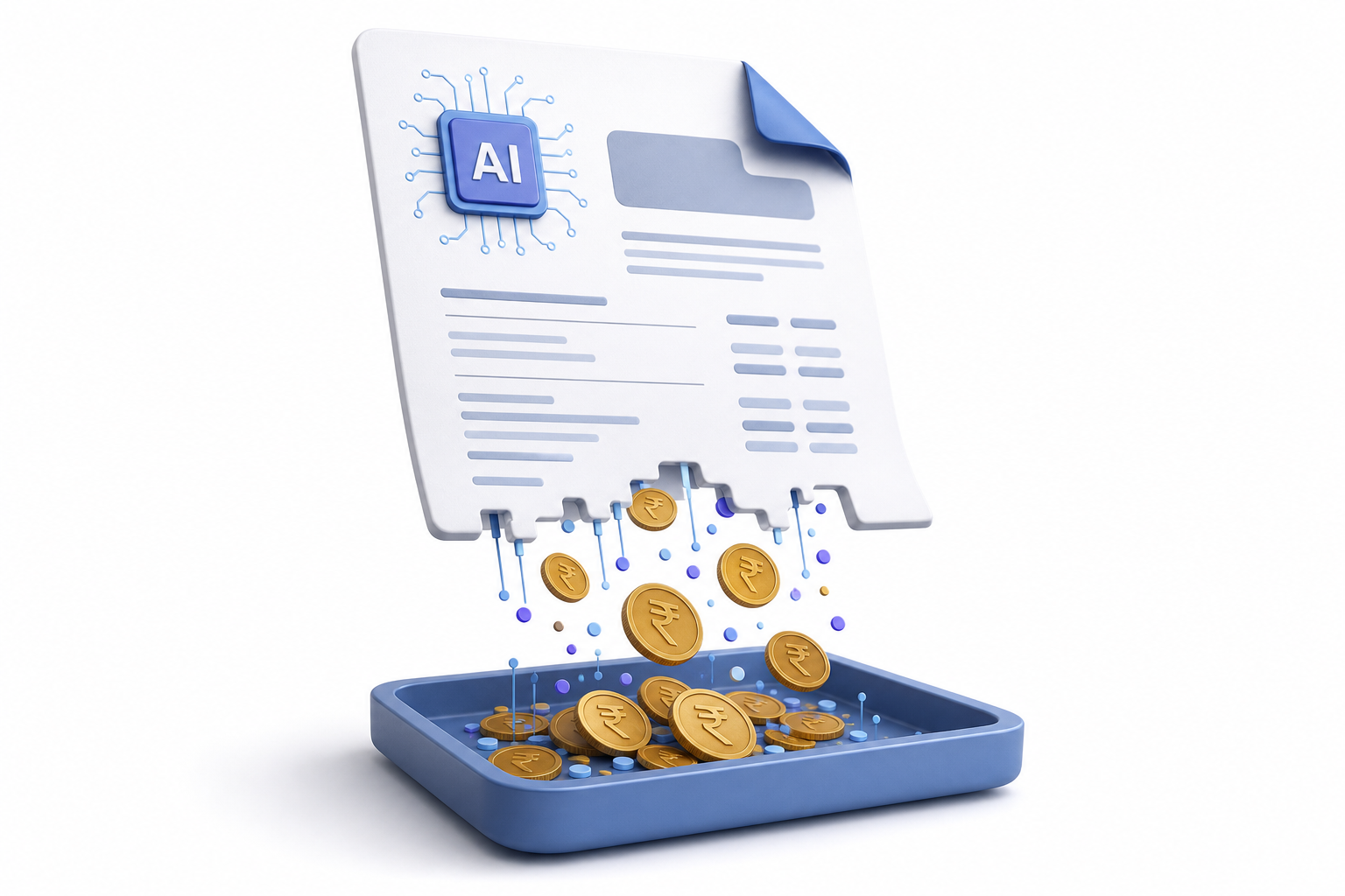 Concept illustration of an AI invoice leaking money, rupees falling through gaps, symbolizing hidden overspend.