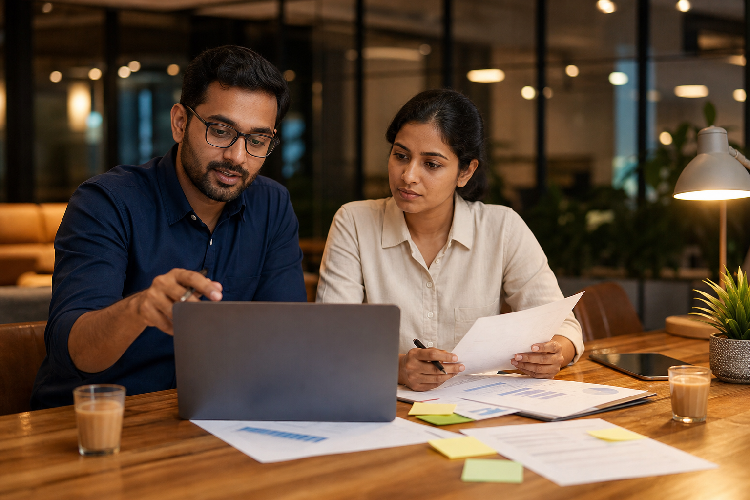 Photo-style scene of a founder and finance lead reviewing an AI billing dashboard together.