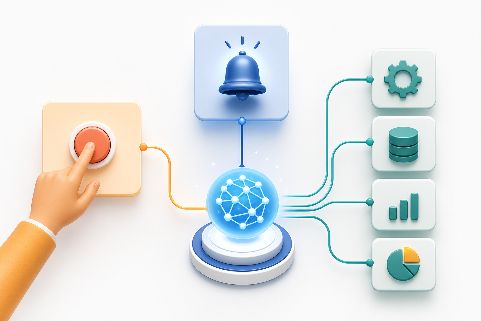 Concept illustration of API (request), Webhook (event push), and MCP (AI agent hub) as three connected building blocks.