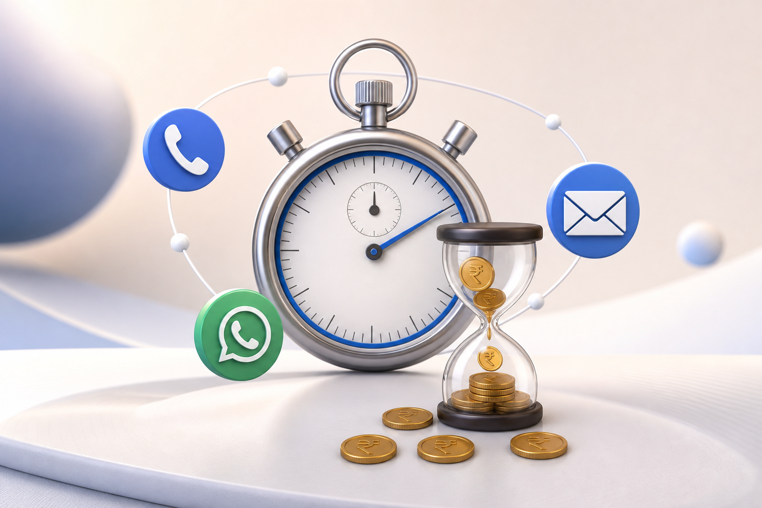 Concept illustration: speed to lead with stopwatch and communication channels, rupees slipping through an hourglass.