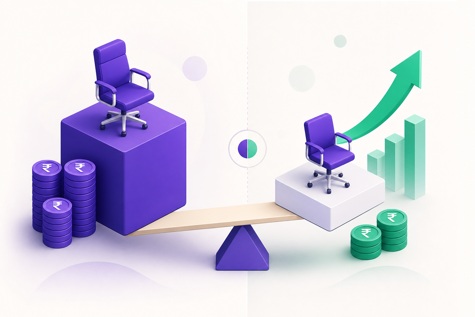 Isometric ROI and cost comparison illustration weighing a heavy full-time cost block against a lighter part-time block with rupee coins