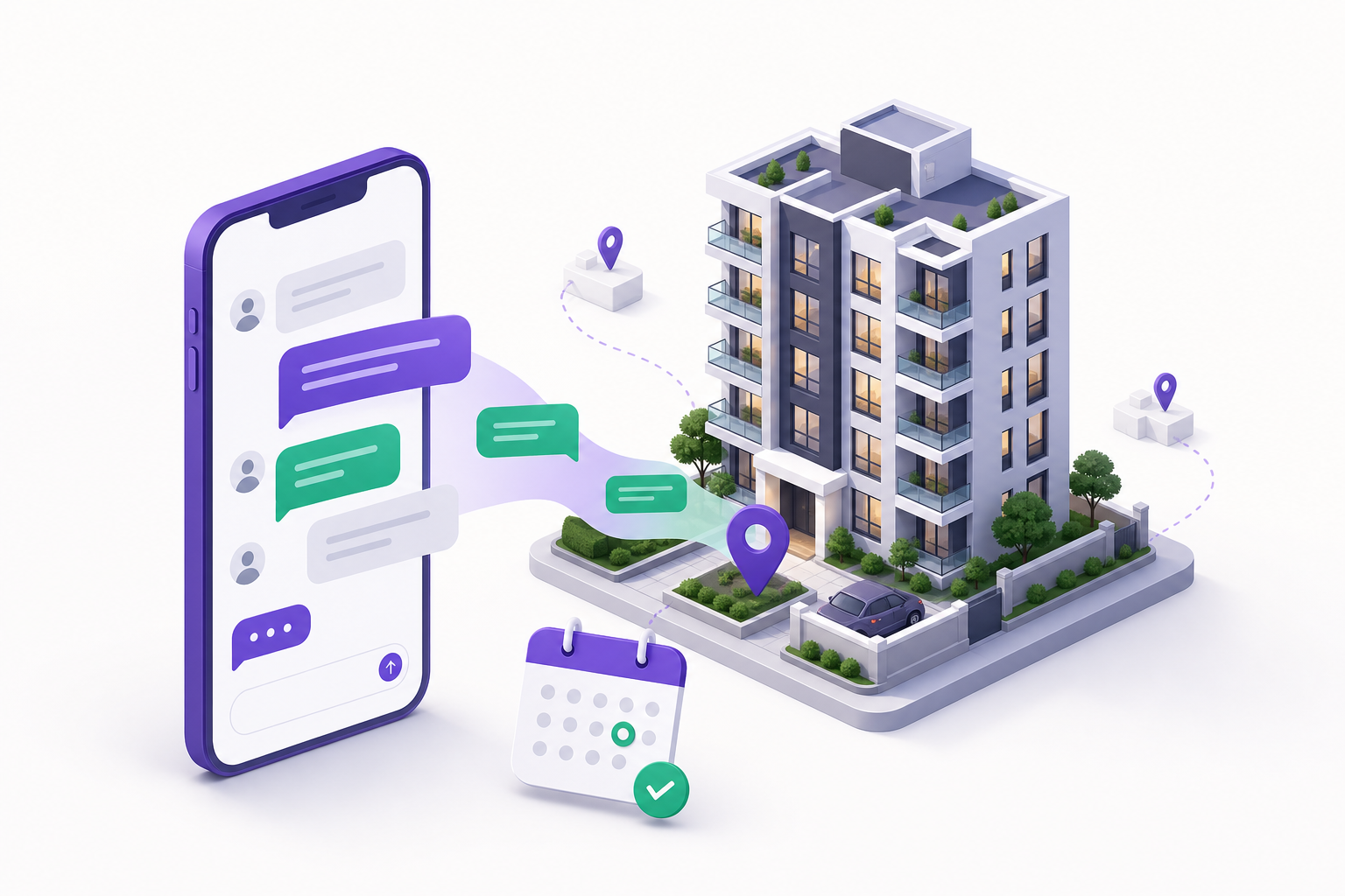 WhatsApp chat flowing toward an apartment tower with site-visit calendar and location pins