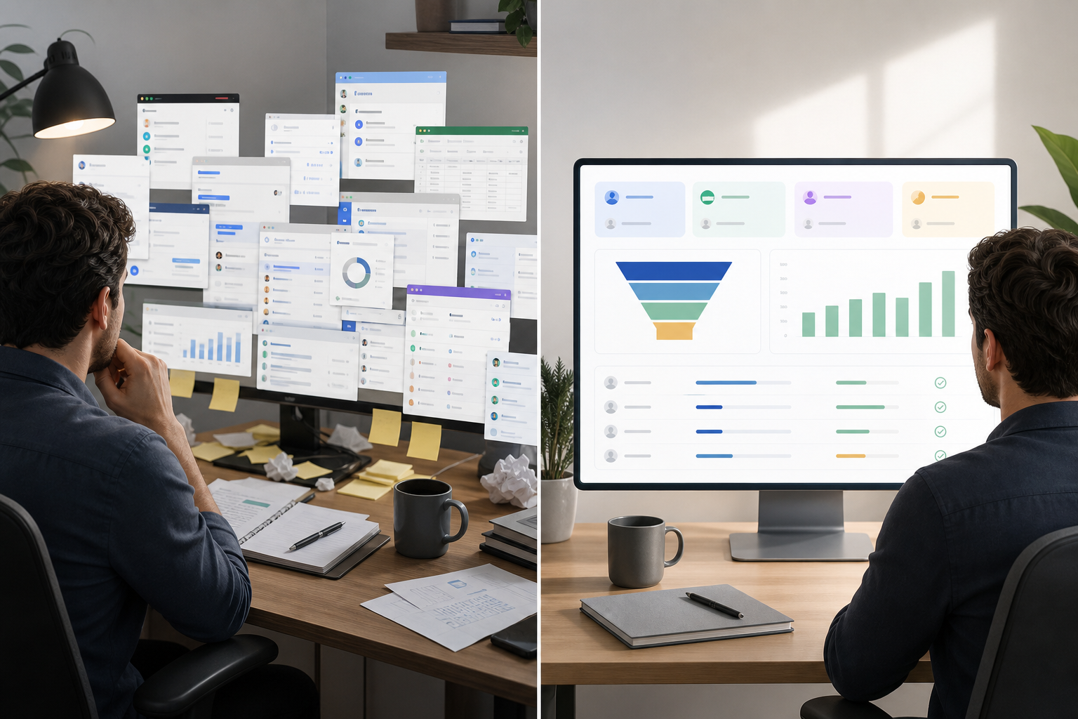 Before and after: many scattered tools versus one unified growth dashboard.