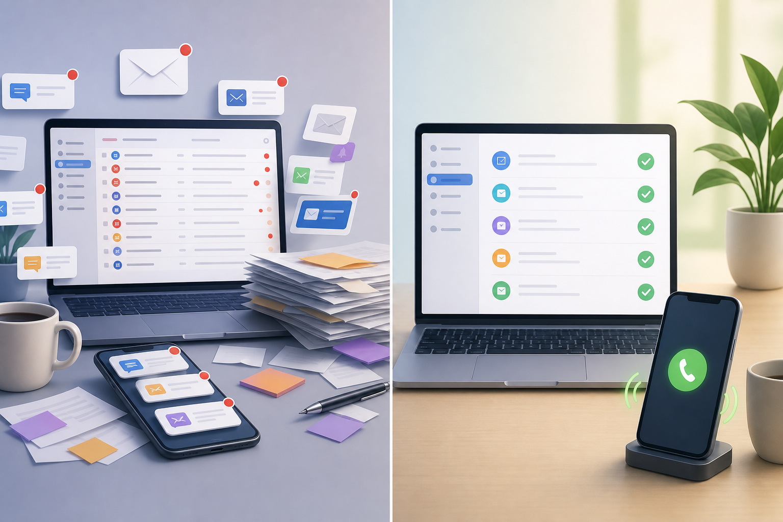 Before vs after comparison of messy inbound notifications versus a clean unified response queue.