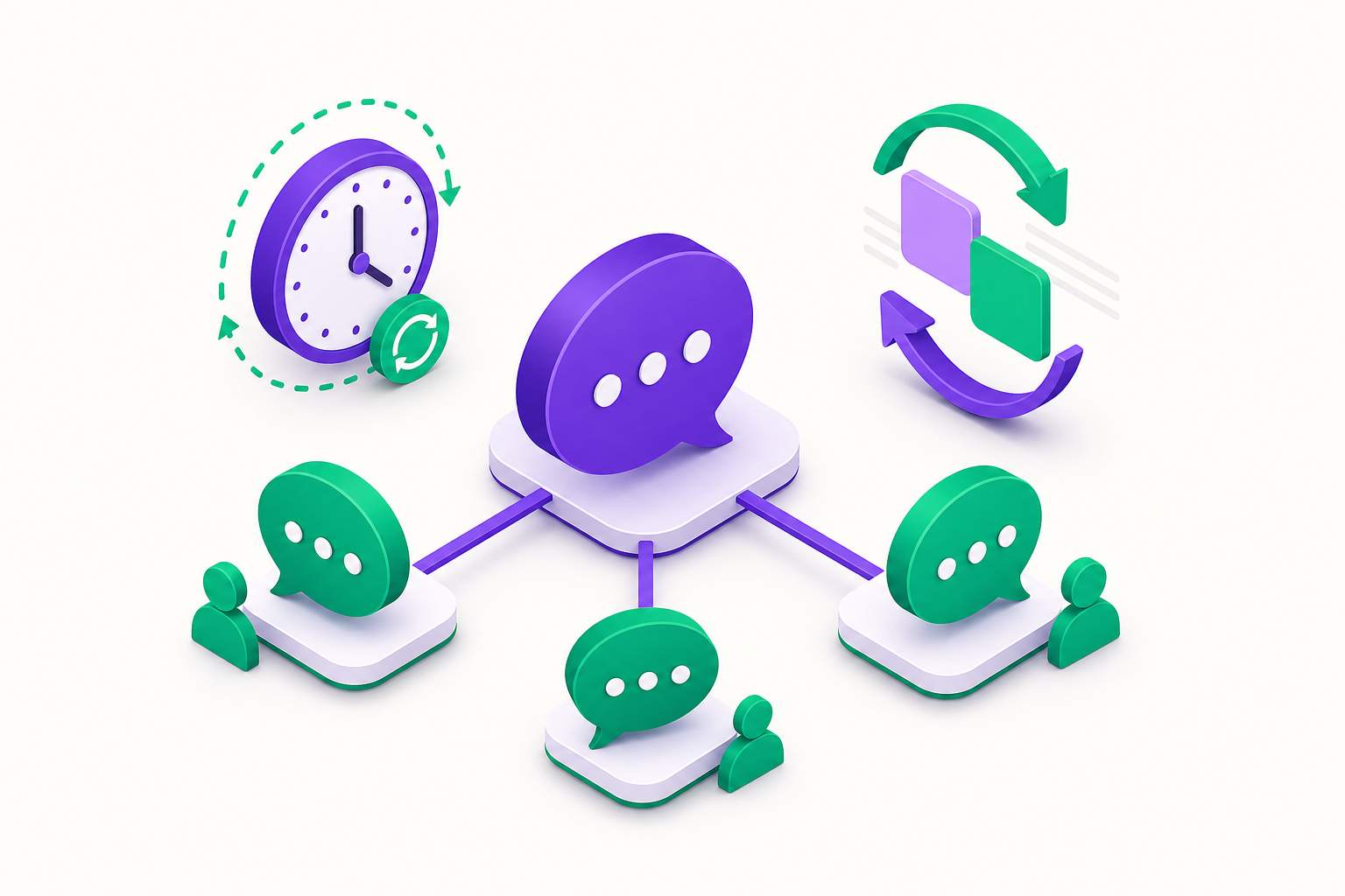A central chat bubble splitting into multiple language conversation bubbles with a 24/7 clock