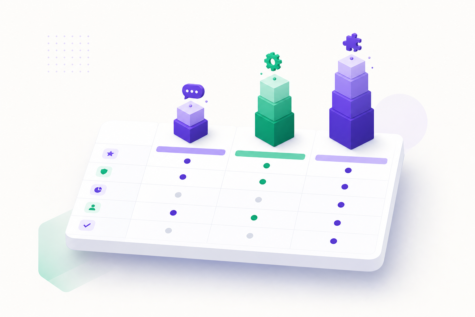 Isometric illustration of three towers representing different WhatsApp AI platform tiers being compared