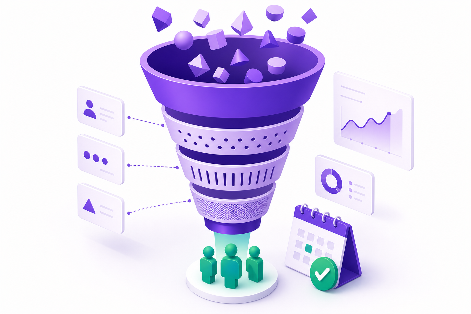 Isometric funnel diagram showing leads filtered through qualification layers into booked site visits