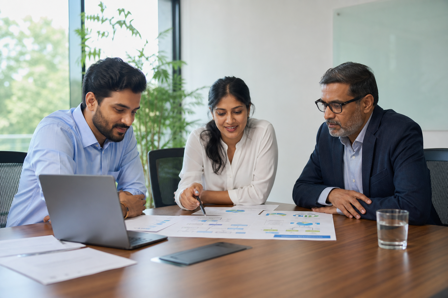 Photo of an Indian founder team reviewing product budgets and roadmap in a meeting room.