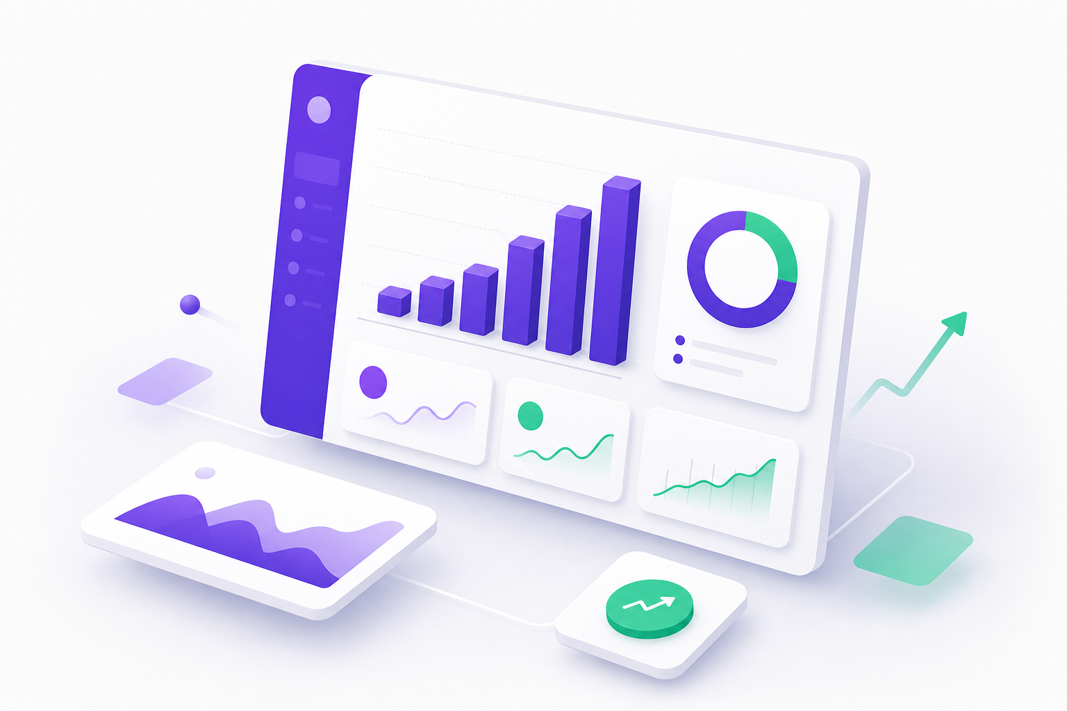 Isometric analytics dashboard illustration showing growth metrics and KPI cards