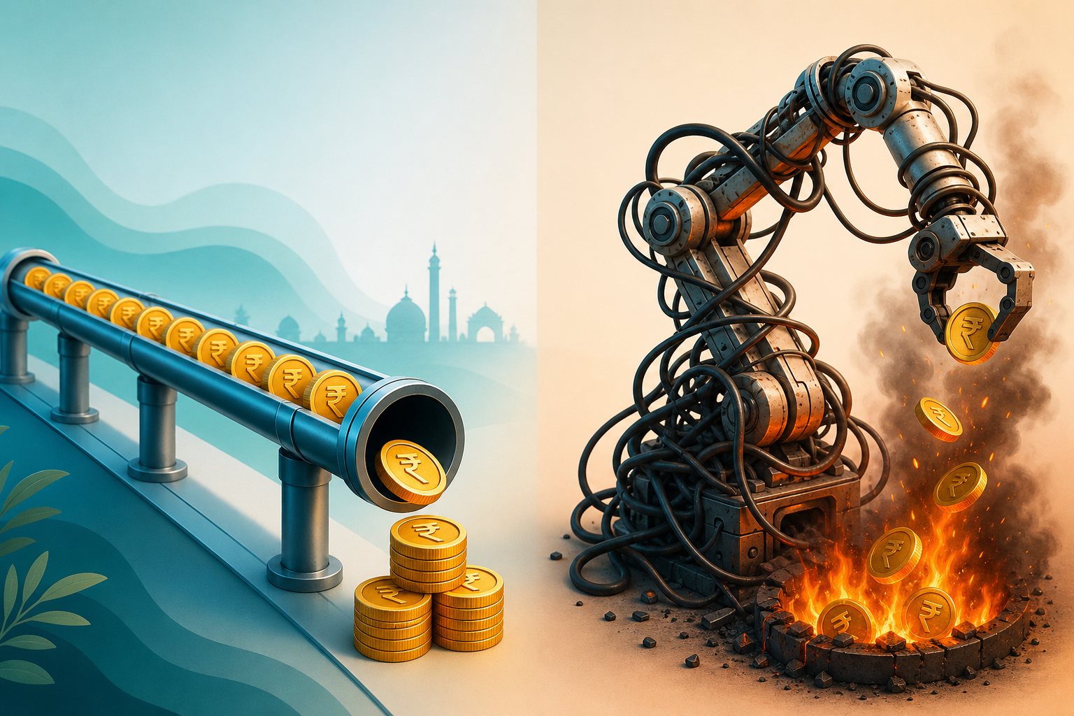 Concept illustration contrasting a simple money-saving workflow and a cash-burning AI agent.